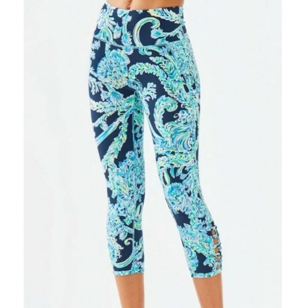 Lilly Pulitzer Luxletic Crop Leggings Womens S Blue Aquatic Lattice‎ High Rise
